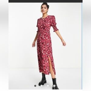 Anthropologie Nobody’s Child Luna Heart Print Puff Sleeve Midi Dress Red Pink 12